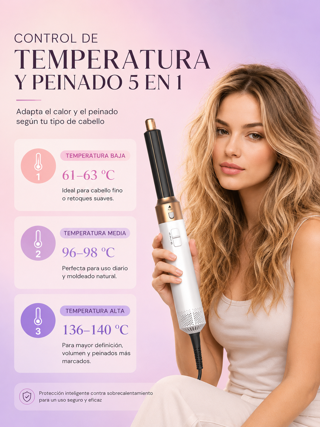 ajusta la temperatura del cepillo 5 en 1 para conseguir los resultados deseados